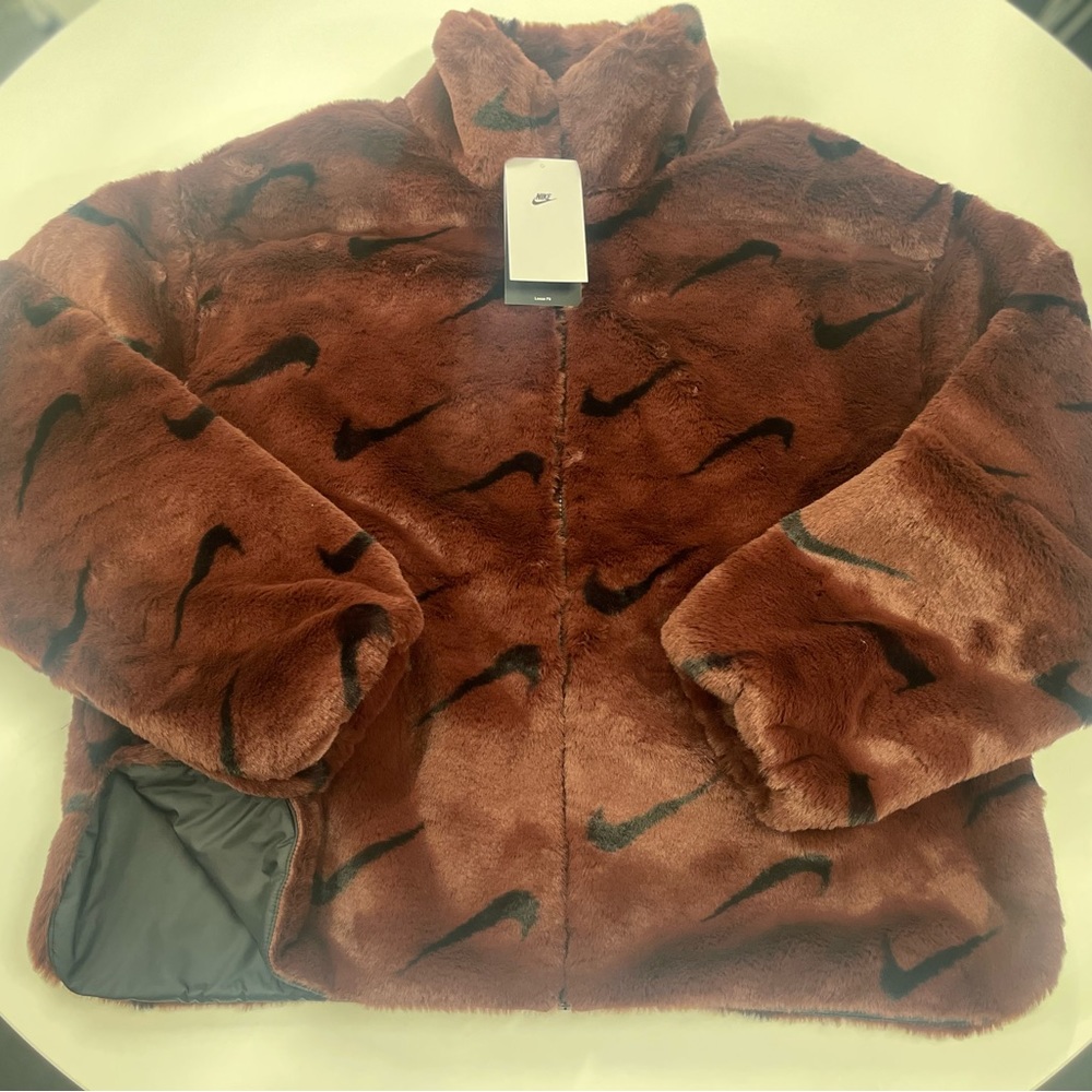 Nike Sportswear Plush swoosh Printed Faux Fur Jacket Women NWT